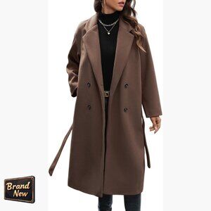 Women's Wool Blend Double Breasted Trench Coat Knee Length Belted Casual